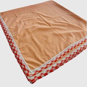 Vintage Orange Gingham Check Tablecloth 58 X 58 Retro Handmade Lace Cottage Core